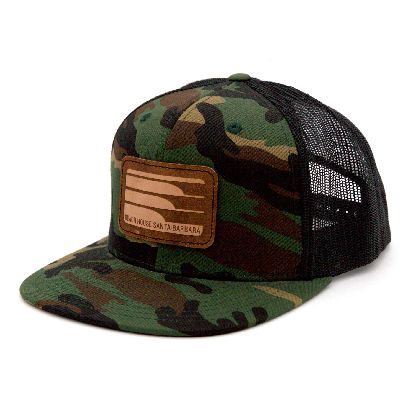 Beach House Camouflage Trucker Hat w/ Faux Leather Waves Patch