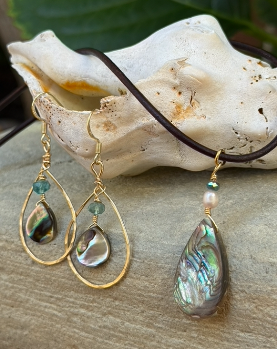 Hammered Gold Oval Hoops w/ Abalone