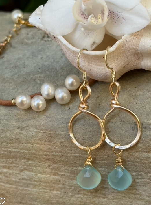 Gold Hammered Hoops w/ Chalcedony Gems
