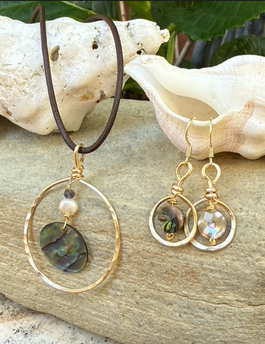 Hammered Gold Pendant w/ abalone on dark brown leather