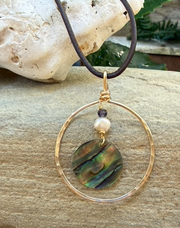 Hammered Gold Pendant w/ abalone on dark brown leather