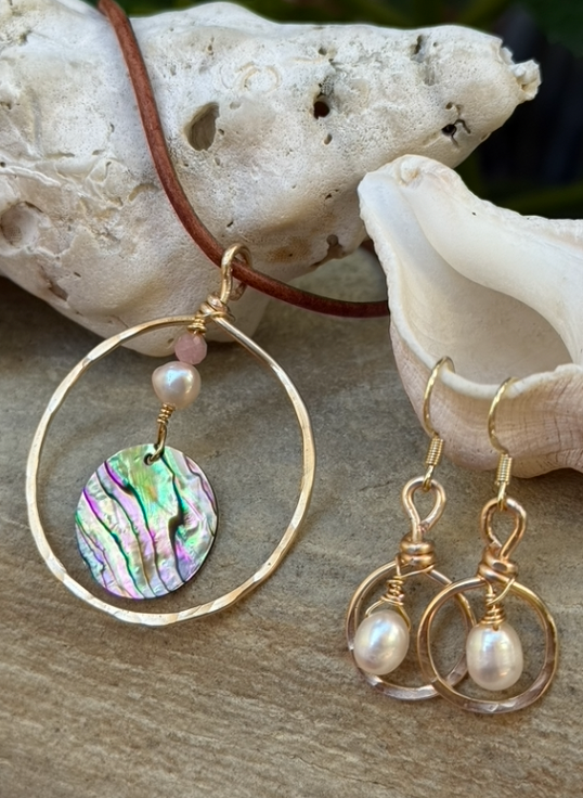 Hammered Gold Pendant w/ abalone on tan leather