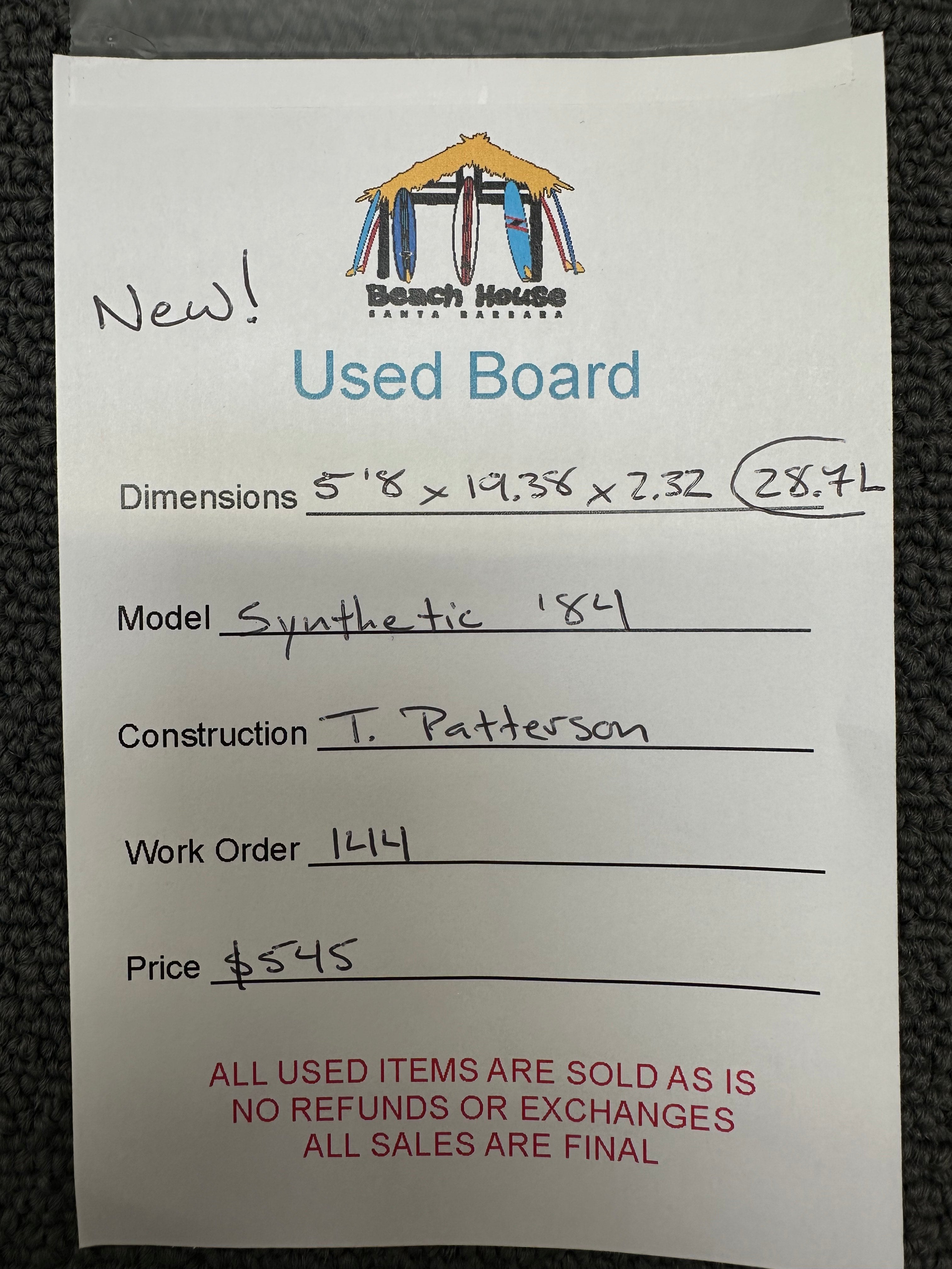 T. Patterson | 5'8" Synthetic '84 - Used Surfboard