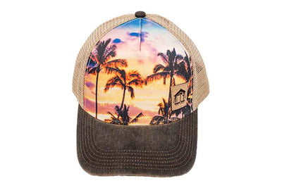 Beach House Surf Shop Trucker Hat with Sunset logo