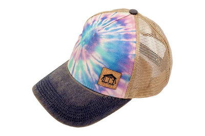 Beach House Trucker Hat with leather logo and TYEDYE design