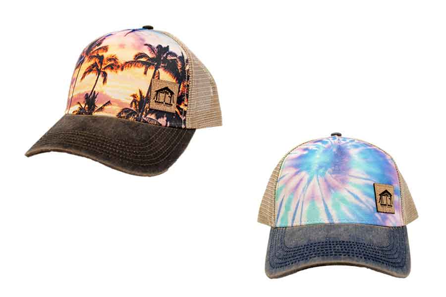 Beach House Surf Shop Tye Dye and Palm Tree Trucker Hats